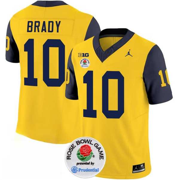 Men's Michigan Wolverines #10 Tom Brady 2023 F.U.S.E. Yellow Navy Rose Bowl Patch Stitched Jersey Dzhi